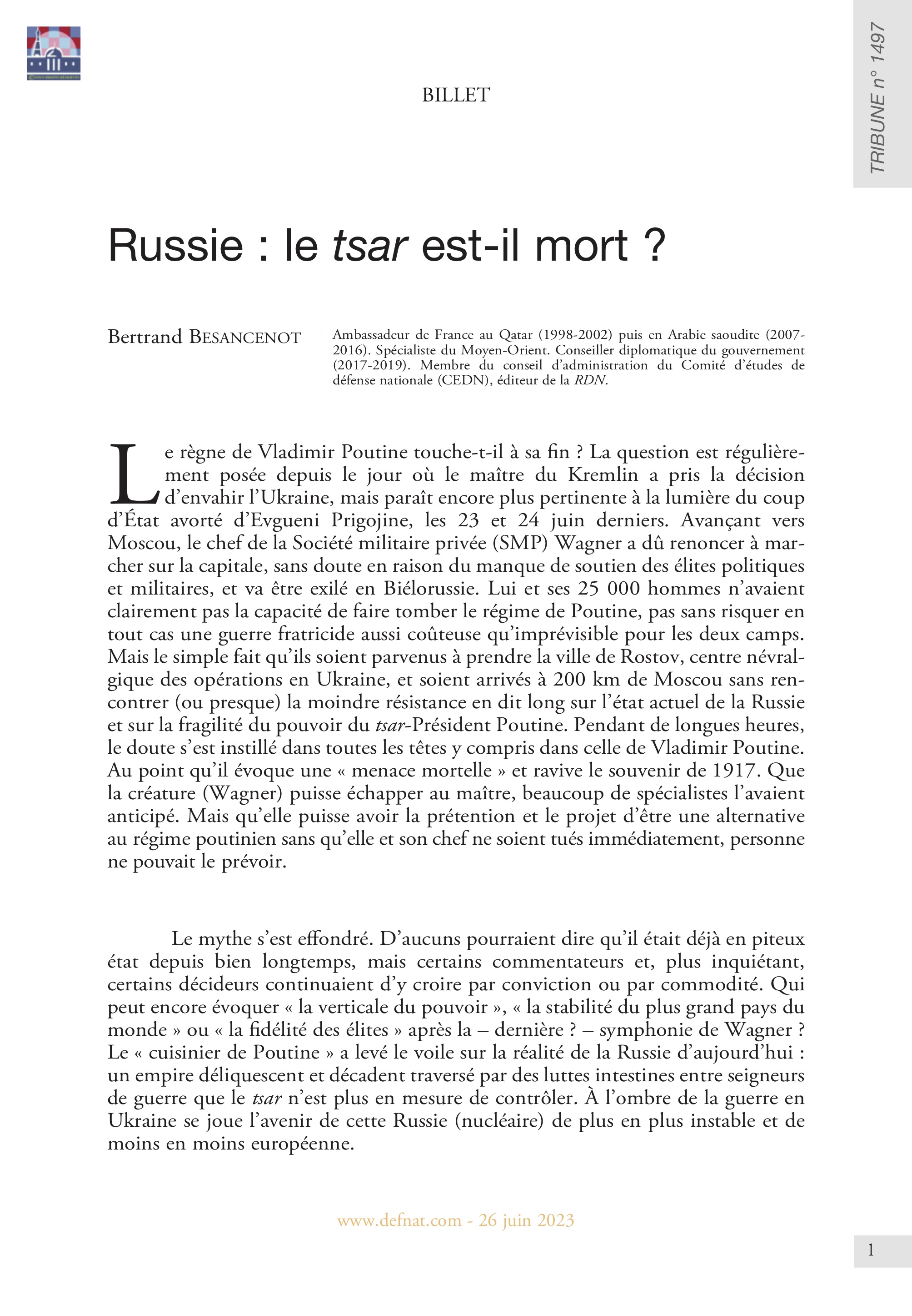 Billet – Russie : le tsar est-il mort ? (T 1497)
